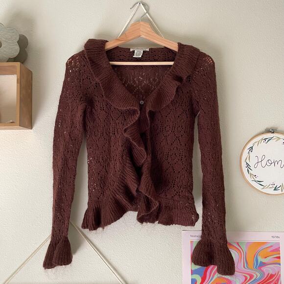 y2k brown fairy ruffle cardigan mohair ramie blend boho whimsy vintage 2000s s/m - Picture 1 of 4